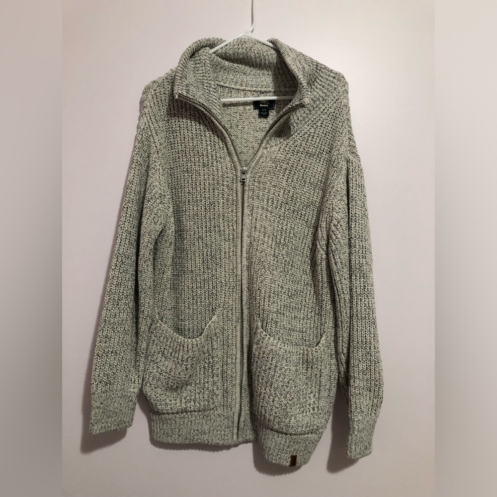 Roots snowy women’s knit cardigan zip up white grey size S oversize fit